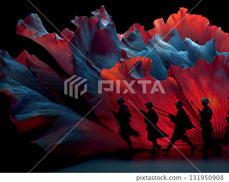 Remembrance day banner with red poppy flowers and Soldiers Silhouettes. Memorial for victims of Warld war 131950908