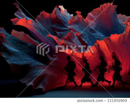Remembrance day banner with red poppy flowers and Soldiers Silhouettes. Memorial for victims of Warld war 131950909