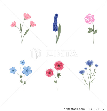 A set of six watercolor style flower vectors including a rose, cornflower, and daisies. These flowers are great for crafting and environmental illustrations. 131951117