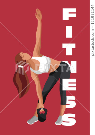 A woman performs a kettlebell exercise, showcasing strength and form against a bright red background. The focus is on fitness and movement. 131951144