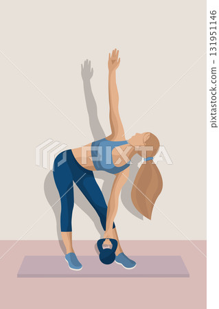 A fitness enthusiast performs a dynamic stretching exercise using a kettlebell in a workout space with neutral colors and minimal decor. A fitness enthusiast performs a dynamic stretching exercise using a kettlebell in a workout space with neutral colors and minimal decor. 131951146