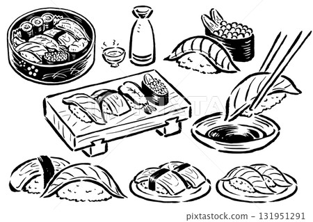 Various sushi - Single color line drawings only - Hand-drawn brush stroke illustrations Various sushi - Single color line drawings only - Hand-drawn brush stroke illustrations 131951291