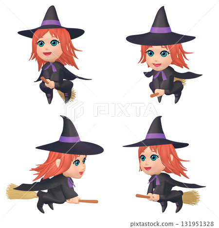萬聖節插畫素材：騎著掃帚的小女巫（1）剪紙四件組（3） 131951328