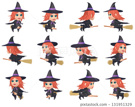 Halloween illustration material: Little witch on a broom (1) Cut set of 12 131951329