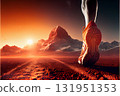 Fitness, shoes and sports person walking, running and man training on path. Back closeup of runner, feet and sneakers on ground for exercise, park workout and outdoor trekking, hiking and wellness 131951353