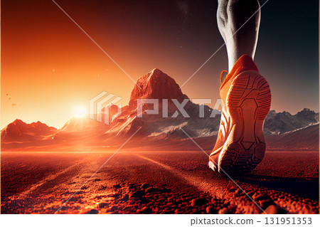Fitness, shoes and sports person walking, running and man training on path. Back closeup of runner, feet and sneakers on ground for exercise, park workout and outdoor trekking, hiking and wellness Fitness, shoes and sports person walking, running and man training on path. Back closeup of runner, feet and sneakers on ground for exercise, park workout and outdoor trekking, hiking and wellness 131951353