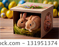 Rabbits in Easter gift box. Easter day design.  131951374