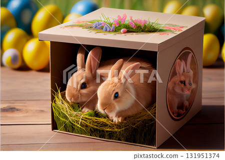 Rabbits in Easter gift box. Easter day design.  Rabbits in Easter gift box. Easter day design.  131951374