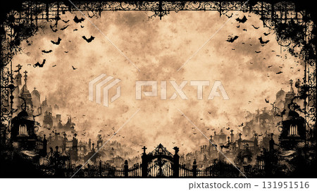 Grunge frame with spooky graveyard silhouette and bats on old paper texture. 131951516