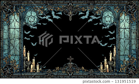一個美麗的哥德式萬聖節框架，許多蝙蝠在藍色彩色玻璃教堂的背景下飛翔。 131951519