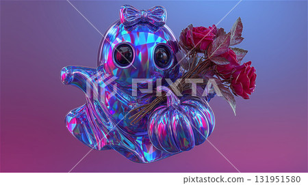 A 3D illustration of a cute rainbow-colored ghost with a ribbon, smiling and holding a bouquet of roses and a pumpkin. A 3D illustration of a cute rainbow-colored ghost with a ribbon, smiling and holding a bouquet of roses and a pumpkin. 131951580
