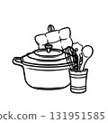 Doodle illustration on the theme of cooking. Kitchen utensils: a saucepan, a potholder, a trivet with spoons, and a whisk, for decorating cafe and restaurant menus. 131951585