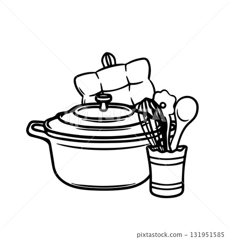 Doodle illustration on the theme of cooking. Kitchen utensils: a saucepan, a potholder, a trivet with spoons, and a whisk, for decorating cafe and restaurant menus. 131951585