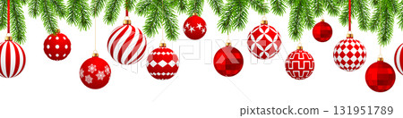 Christmas ball border, hanging red bauble background, branch Christmas ball border, hanging red bauble background, branch 131951789