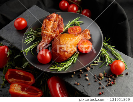 Smoked chicken drumsticks with greens and vegetables. 131951869