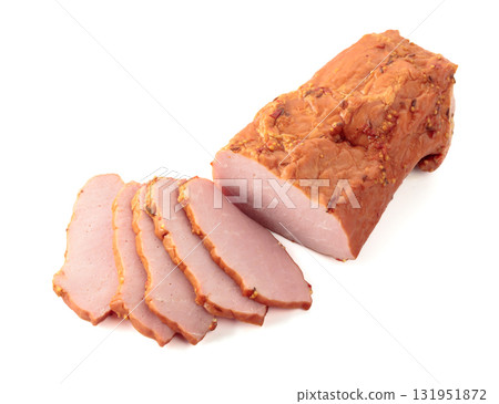 Smoked ham isolated on a white background. Smoked ham isolated on a white background. 131951872