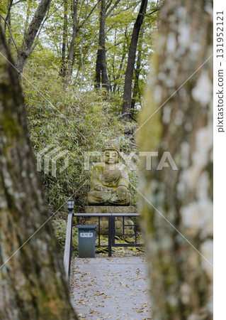 The Buddha statue visible through the trees is covered in green moss. 131952121
