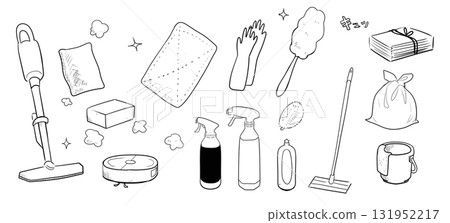 一套清潔工具(黑線畫)|吸塵器、拖把、清潔劑、海綿、手套、垃圾袋、春季大掃除、向量圖 一套清潔工具(黑線畫)|吸塵器、拖把、清潔劑、海綿、手套、垃圾袋、春季大掃除、向量圖 131952217