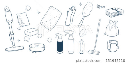 一套清潔工具(綠線圖)|吸塵器、拖把、清潔劑、海綿、手套、垃圾袋、春季大掃除、向量圖 一套清潔工具(綠線圖)|吸塵器、拖把、清潔劑、海綿、手套、垃圾袋、春季大掃除、向量圖 131952218