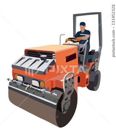 Vector isolated illustration of an asphalt paver. Worker rolling asphalt. 131952328