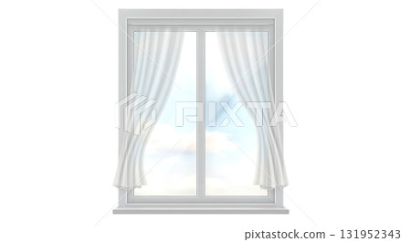 Bright airy window with flowing white curtains framing a serene sky view, evokes peacefulness and tranquility, perfect for home design and relaxation visuals Bright airy window with flowing white curtains framing a serene sky view, evokes peacefulness and tranquility, perfect for home design and relaxation visuals 131952343