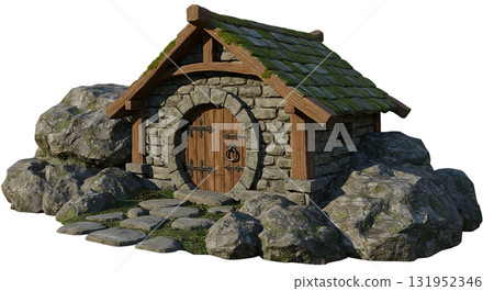 Enchanting stone cottage with mossy roof beckons from storybook lands, inviting fantasy and whimsical adventures in a peaceful, magical world Enchanting stone cottage with mossy roof beckons from storybook lands, inviting fantasy and whimsical adventures in a peaceful, magical world 131952346