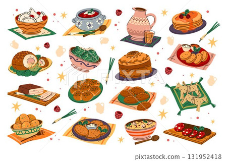 Set of vector Ukrainian food or culinary meal. Element for dinner or lunch menu. Cooking or cuisine element. Varenyky, corn porridge, cherry dumpling and potato pie, pancake, zrazy and uzvar, cutlet. 131952418
