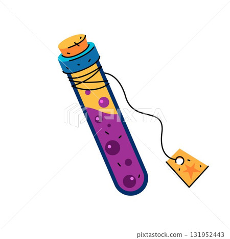 Magic potion in vial. Vector fantasy elixir or enchanted liquid in glass phial or bottle. Wizard or witch, alchemy, spell casting, fairytale or medieval element. Mixture for healing or cure. Extract. 131952443