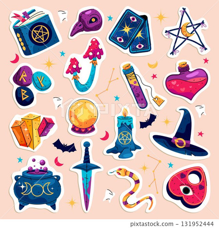 Set of vector magic item icon. Magical or supernatural collection. Esoteric mystic, witchcraft spell tool for Halloween. Cauldron and pentagram, book and love potion, Ouija pointer, candle, tarot card 131952444