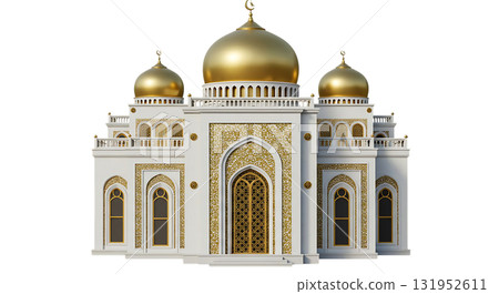 Stunning golden domed mosque with intricate detailing, a beacon of faith and cultural richness, perfect for Ramadan, Eid, or Islamic themed designs 131952611