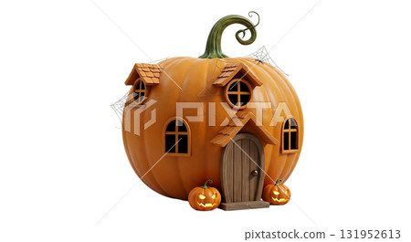 Whimsical pumpkin house, perfect for festive Halloween decor and seasonal greetings, evokes cozy autumn feelings with tiny glowing pumpkins 131952613
