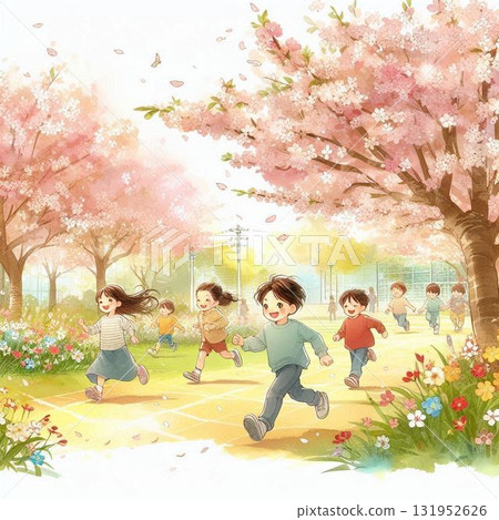 櫻花飄落,孩子們在公園裡歡快地奔跑 櫻花飄落,孩子們在公園裡歡快地奔跑 131952626