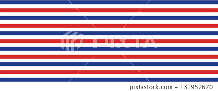 Blue, red and white striped background. Horizontal sailor lines, bands, strokes form seamless nautical texture with patriotic colors. Vector pattern for fabric. 131952670