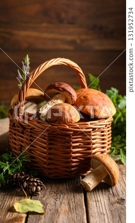Fresh organic mushrooms in a wicker basket on an isolated white background for a healthy autumn diet Fresh organic mushrooms in a wicker basket on an isolated white background for a healthy autumn diet 131952734