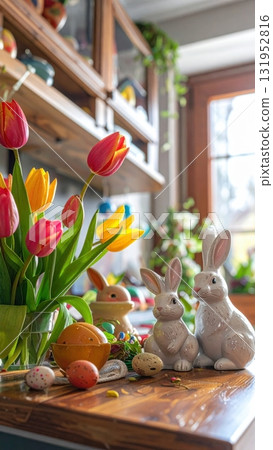A vibrant Easter decoration for the spring holiday featuring a bunny, tulips, and colorful eggs in a basket A vibrant Easter decoration for the spring holiday featuring a bunny, tulips, and colorful eggs in a basket 131952816