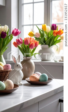 A vibrant Easter decoration for the spring holiday featuring a bunny, tulips, and colorful eggs in a basket 131952817