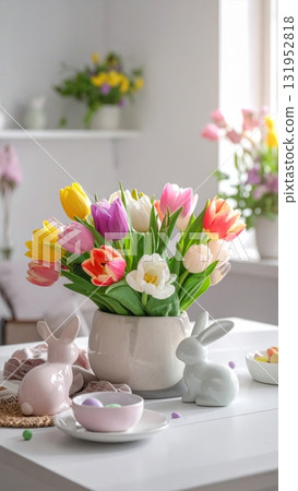 A vibrant Easter decoration for the spring holiday featuring a bunny, tulips, and colorful eggs in a basket 131952818
