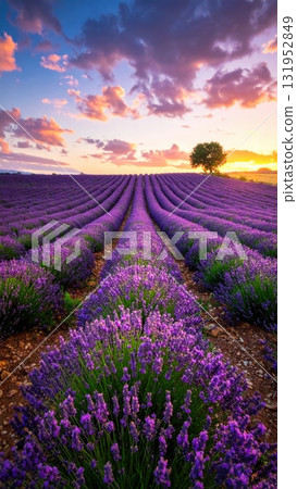Golden sunset light illuminates a vast purple lavender field in the French countryside during a summer evening Golden sunset light illuminates a vast purple lavender field in the French countryside during a summer evening 131952849