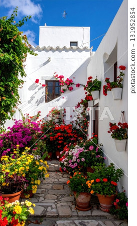 Old red house with geranium flowers blooming in a summer garden 131952854