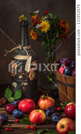 Fresh fruit still life with grapes, apples, and a bottle of olive oil 131952879