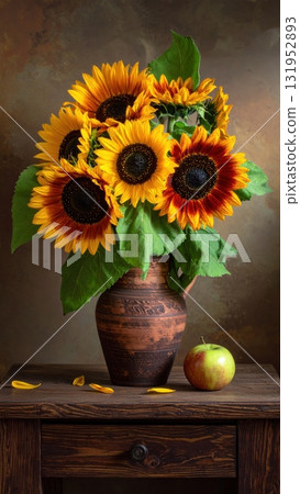 A beautiful yellow sunflower bouquet in a glass vase is a vibrant summer nature arrangement A beautiful yellow sunflower bouquet in a glass vase is a vibrant summer nature arrangement 131952893