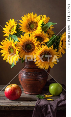 A beautiful yellow sunflower bouquet in a glass vase is a vibrant summer nature arrangement A beautiful yellow sunflower bouquet in a glass vase is a vibrant summer nature arrangement 131952894