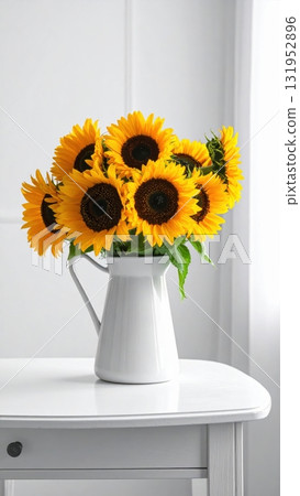 A beautiful yellow sunflower bouquet in a glass vase is a vibrant summer nature arrangement A beautiful yellow sunflower bouquet in a glass vase is a vibrant summer nature arrangement 131952896