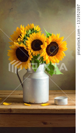 A beautiful yellow sunflower bouquet in a glass vase is a vibrant summer nature arrangement A beautiful yellow sunflower bouquet in a glass vase is a vibrant summer nature arrangement 131952897