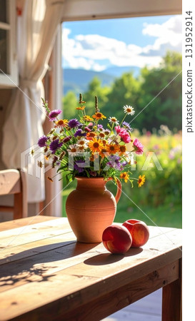 A vibrant bouquet of flowers in a vase on a table depicts a still life arrangement with a cup of tea A vibrant bouquet of flowers in a vase on a table depicts a still life arrangement with a cup of tea 131952914
