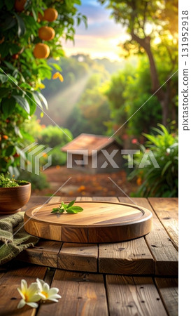 An empty wooden picnic table with a rustic brown texture sits on green grass in a park, ready for summer enjoyment An empty wooden picnic table with a rustic brown texture sits on green grass in a park, ready for summer enjoyment 131952918