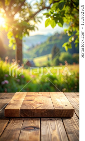 An empty wooden picnic table with a rustic brown texture sits on green grass in a park, ready for summer enjoyment An empty wooden picnic table with a rustic brown texture sits on green grass in a park, ready for summer enjoyment 131952919