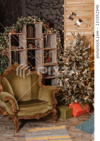 Cozy christmas living room interior with a festive tree, antique armchair, and sparkling lights. Holiday season celebration concept. 131952946