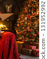 Cozy Christmas living room interior with decorated evergreen tree and festive gifts. Winter holiday celebration for new year. 131952992