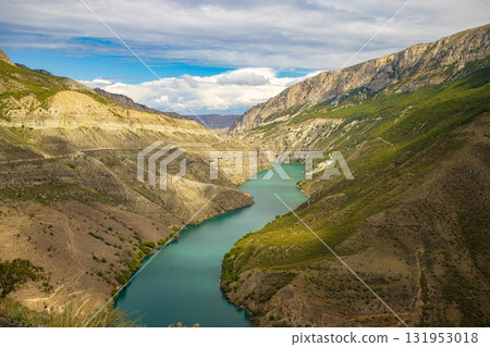Azure water reservoir . Dagestan. Sulak or Sulakskiy canyon. .Russia. Picturesque day and gorgeous scene. Location . Wonderful image of wallpaper. Exploring the world's beauty. 131953018